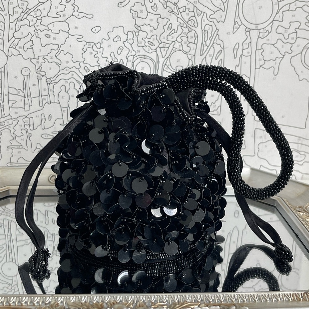 Elegant Black Mini Sequin Drawstring Bag